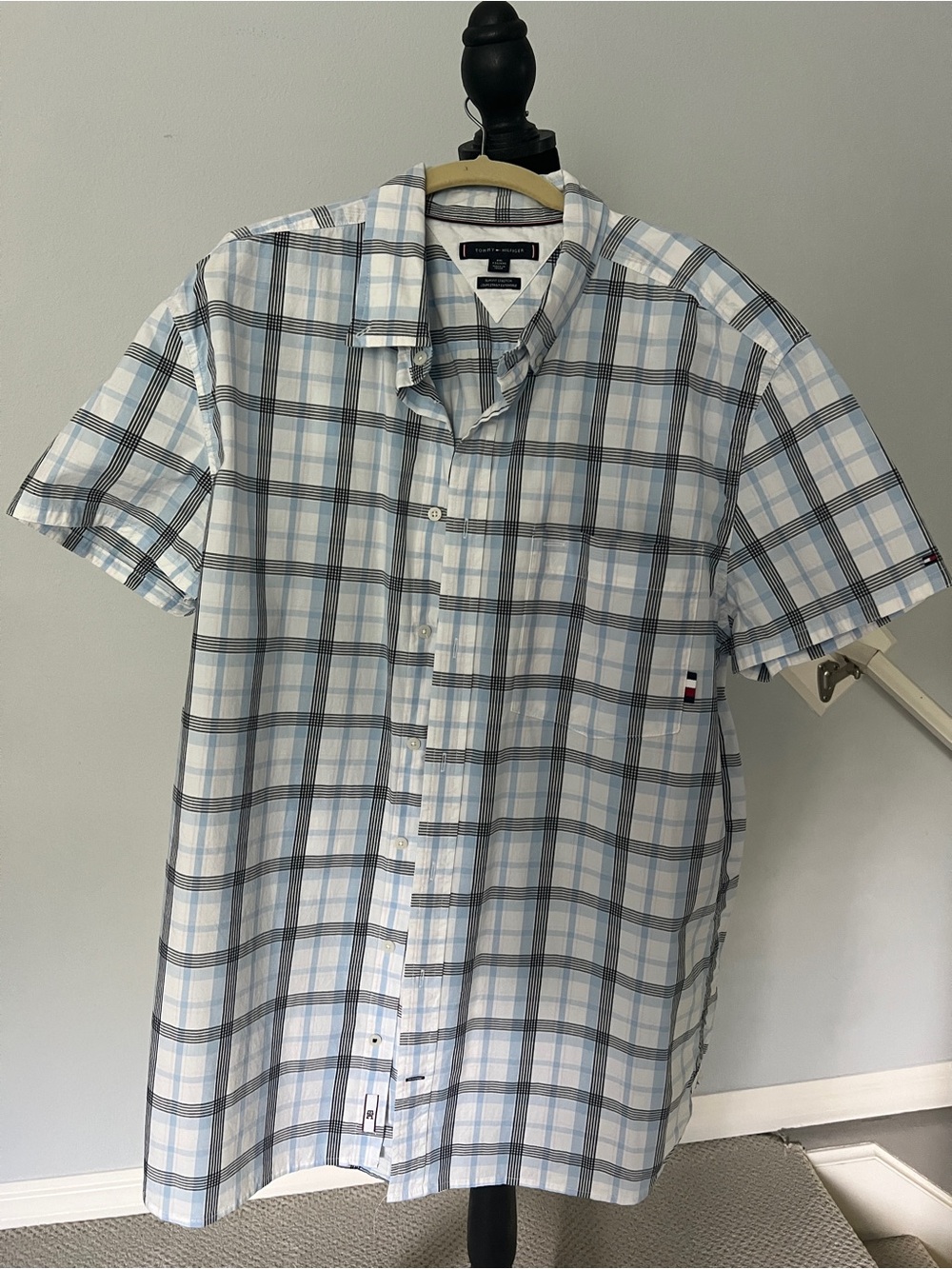 Tommy Hilfiger Light Blue and White Plaid Short Sleeve Button-Down Shirt